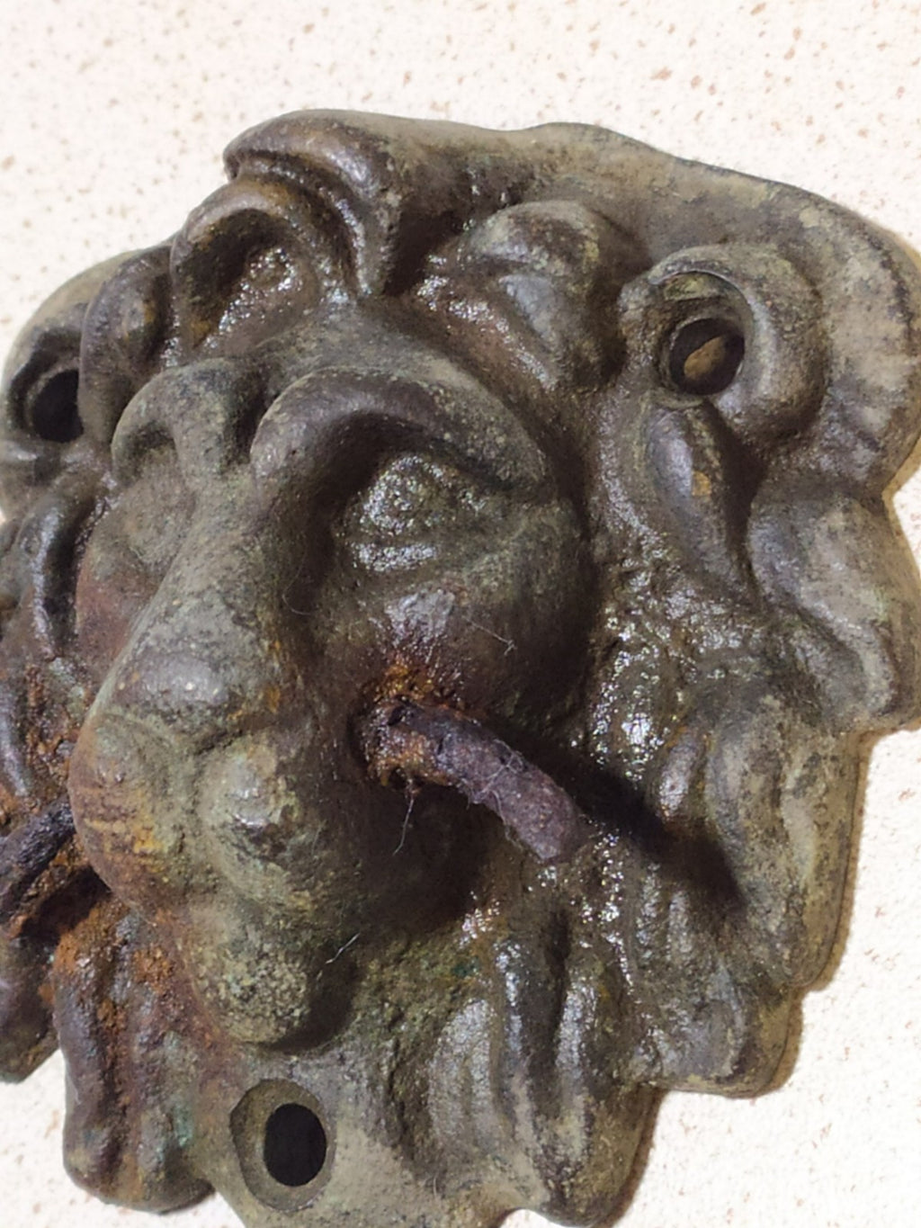 Cast bronze lion head plaque with iron mounting pin remnants in the mouth – detail 5
