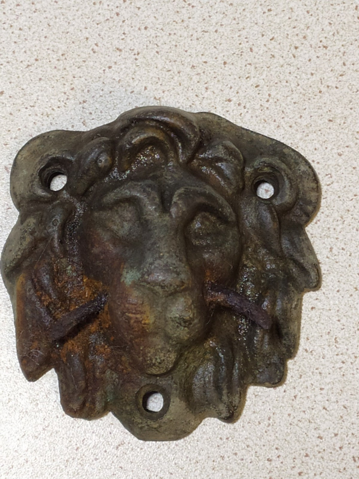 Metal detecting relic lion head door hardware, back side with rust – detail 6