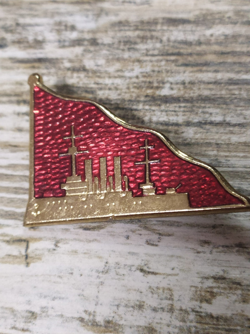Vintage Soviet red pennant badge with ship, front