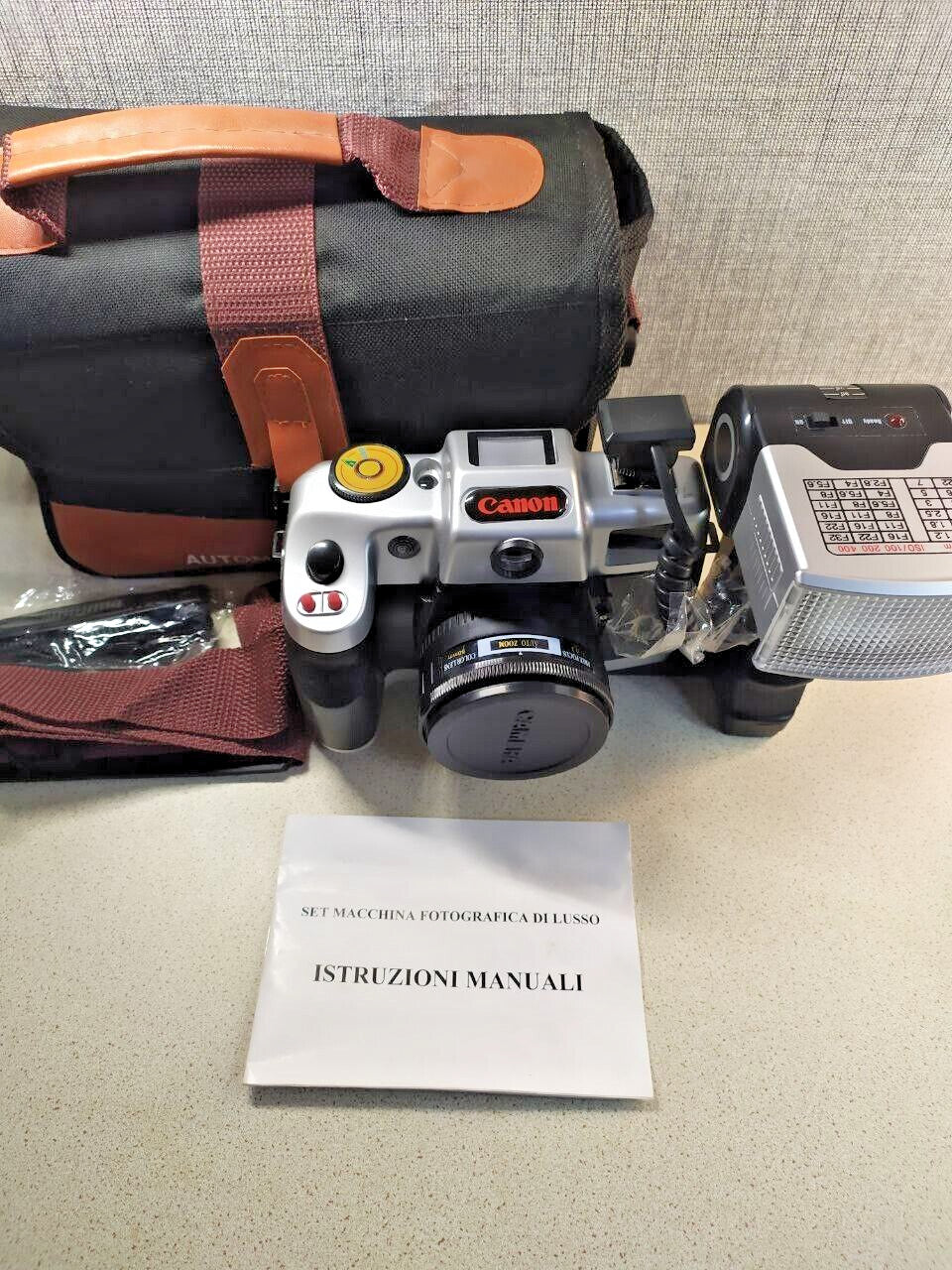 Canomatic DC 802 35mm toy camera set with large detachable flash and carrying bag