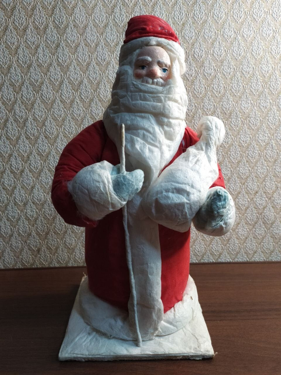 Vintage Soviet Father Frost figurine hand-painted face and pressed cotton beard