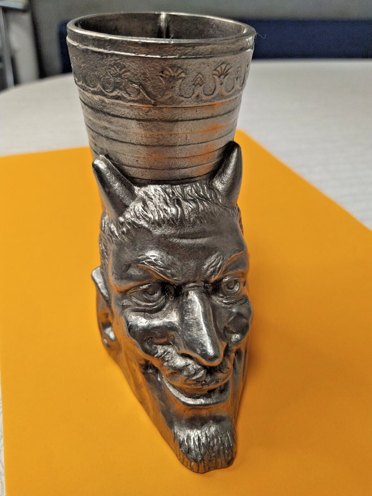 Vintage devil Mephistopheles pencil holder in cast metal with dark patina