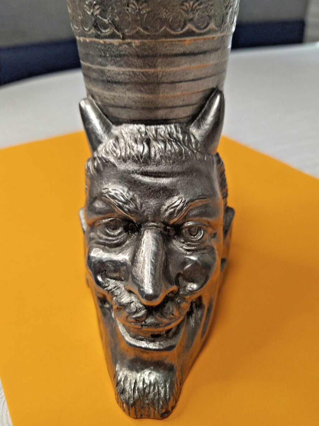 Horned smiling devil face on the cast metal desk decor – detail 5