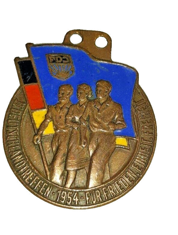 1954 FDJ Deutschlandtreffen Berlin medal, East German communist memorabilia with enamel flag