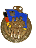 1954 FDJ Deutschlandtreffen Berlin medal, East German communist memorabilia with enamel flag