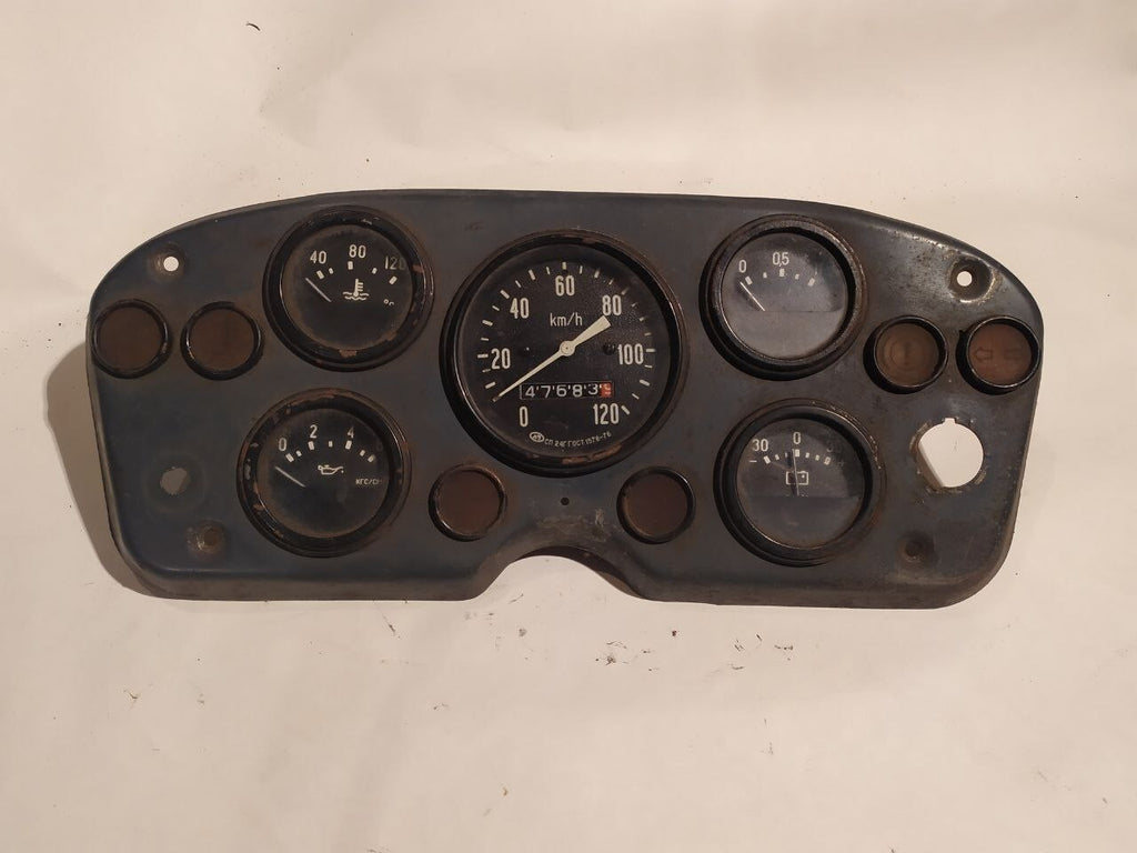 GAZ-53 instrument cluster with central speedometer and four gauges from a Soviet truck