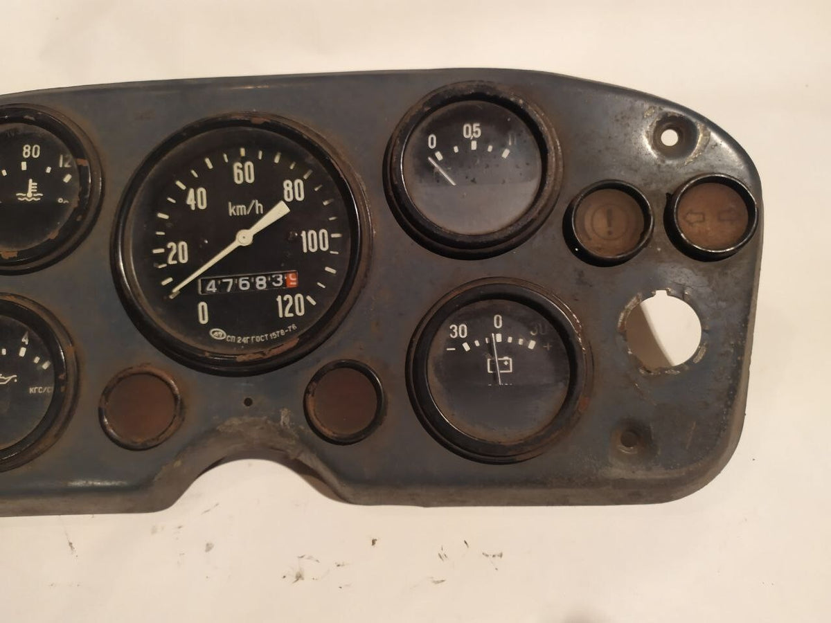 Soviet truck speedometer panel with water temperature, oil pressure and fuel gauges