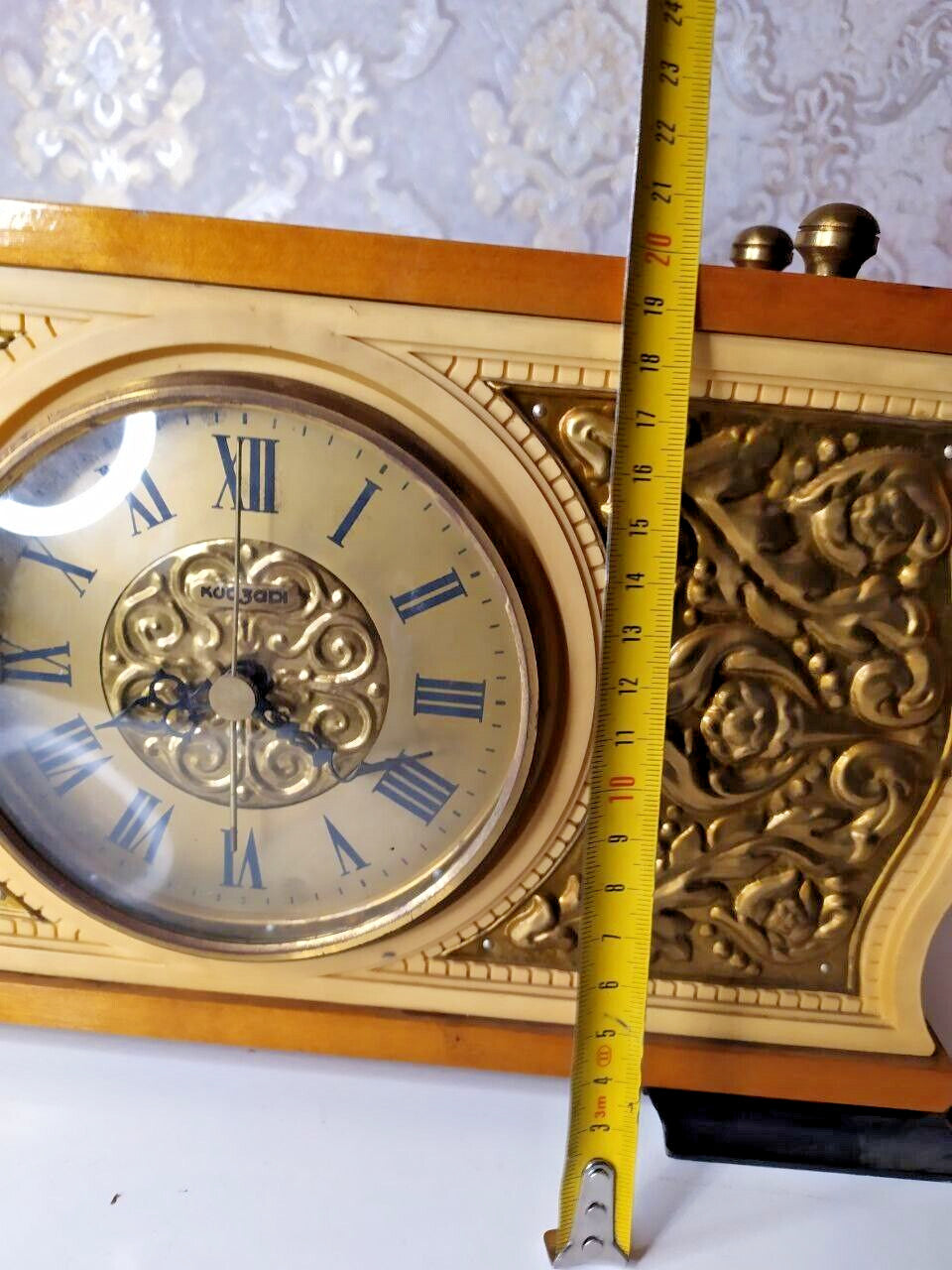 Soviet mantel clock dial with Roman numerals and gold-tone floral relief – detail 11