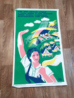 Soviet propaganda-style poster art, close-up of the printed graphics