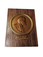 Lenin plaque, Soviet bas-relief portrait in bronze tone on a dark wood-imitation base