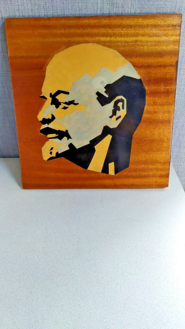Lenin marquetry portrait close-up of inlaid wood veneers