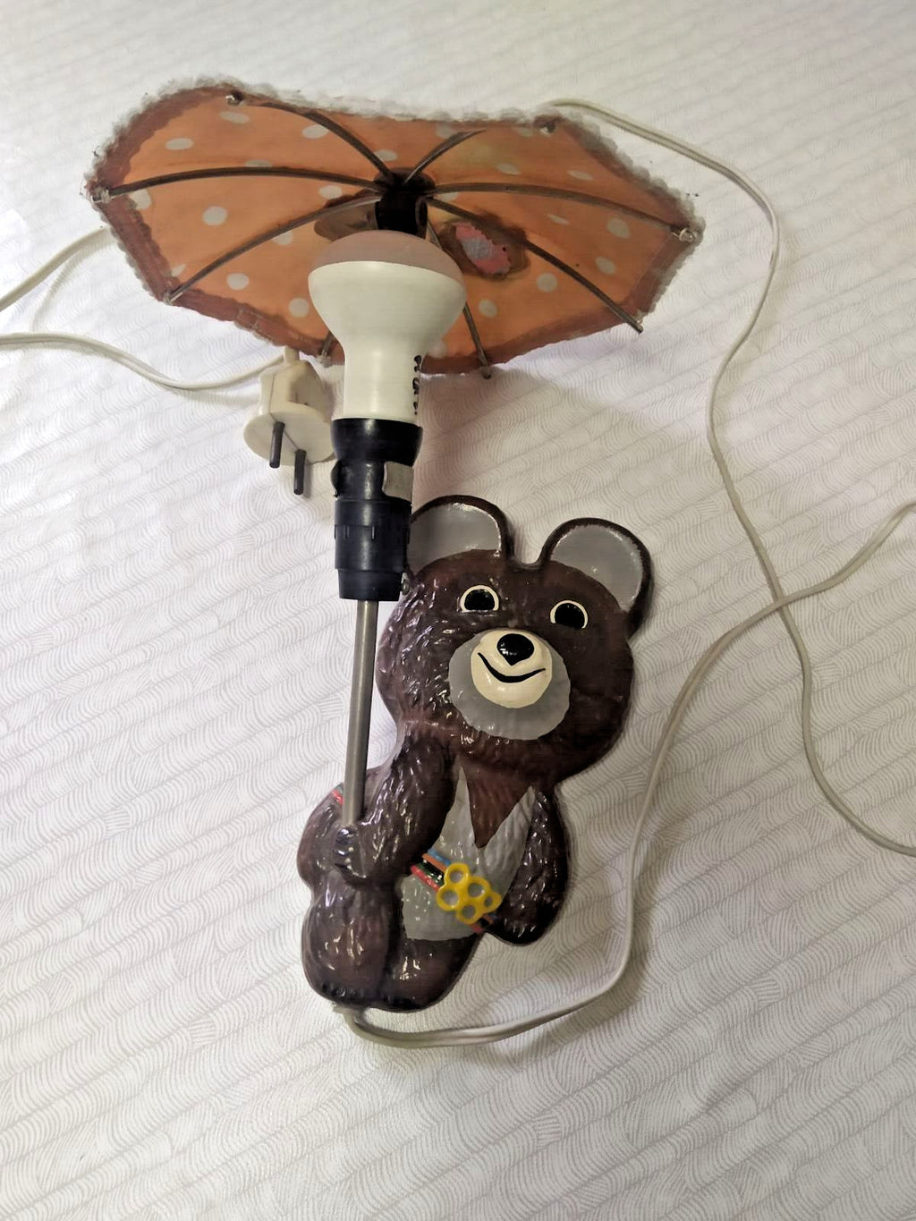 Misha bear night light, Moscow 1980 Olympic mascot holding a polka-dot umbrella lampshade
