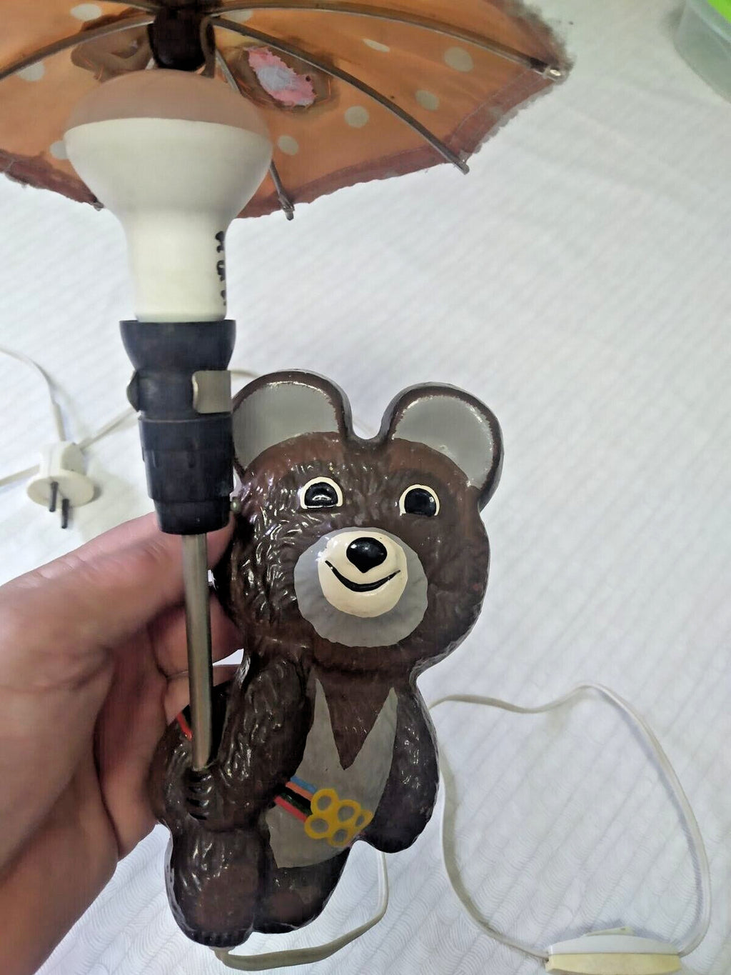 Vintage Soviet lamp with Misha bear lit up, showing the warm glow – detail 8