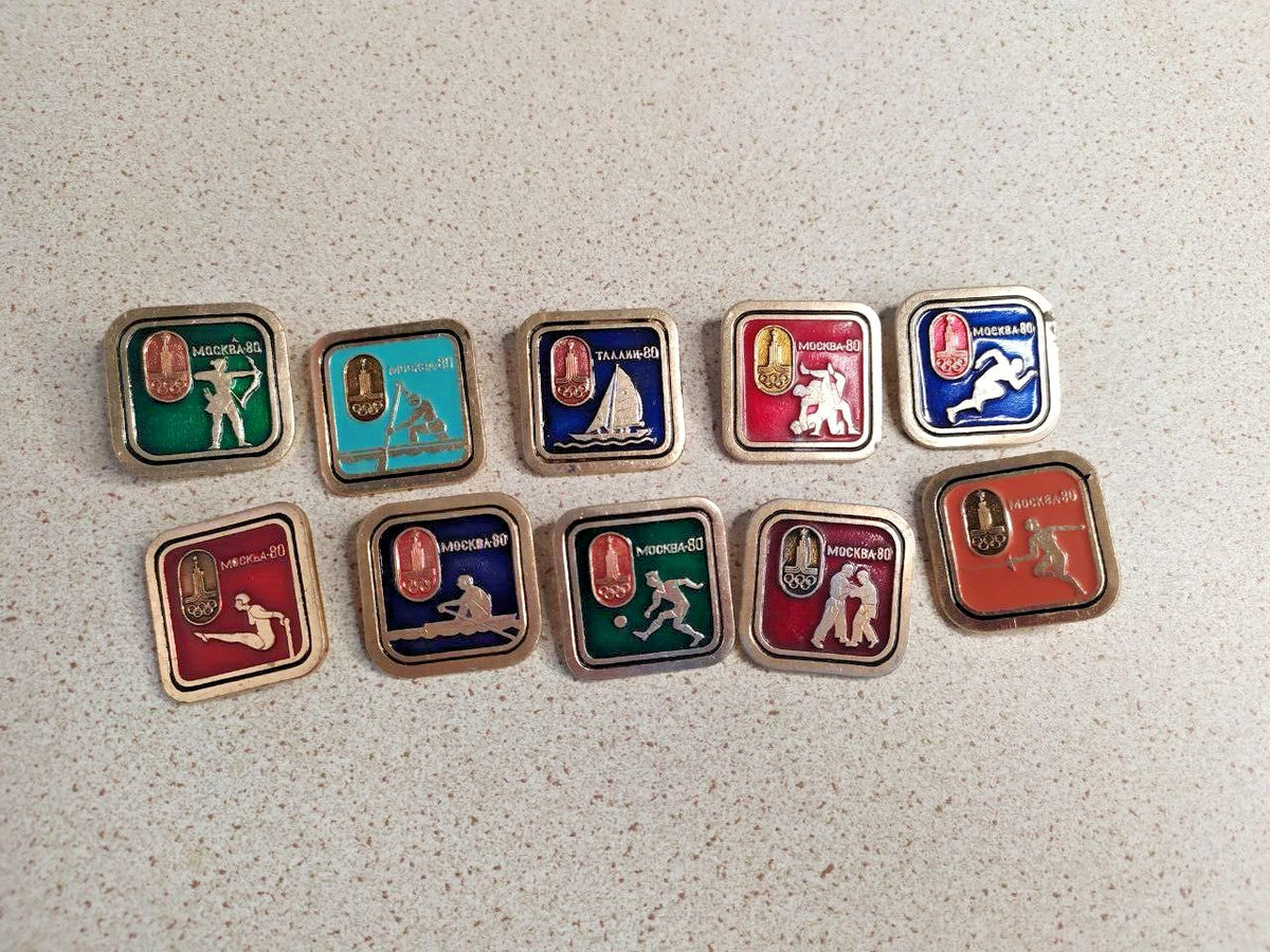 Set of 10 vintage Moscow 1980 Olympic Games enamel pins from the USSR