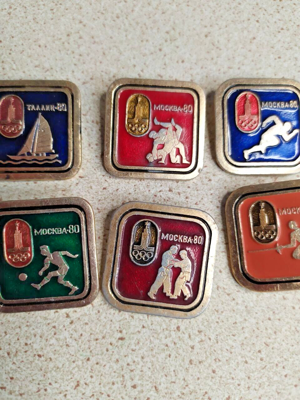 Reverse of Soviet Olympic enamel pins with safety pin clasps – detail 7