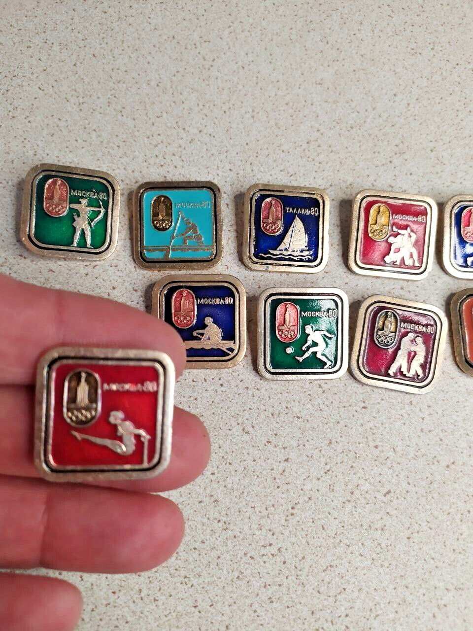 Vintage USSR Olympic badges archery, boxing, fencing and football – detail 9