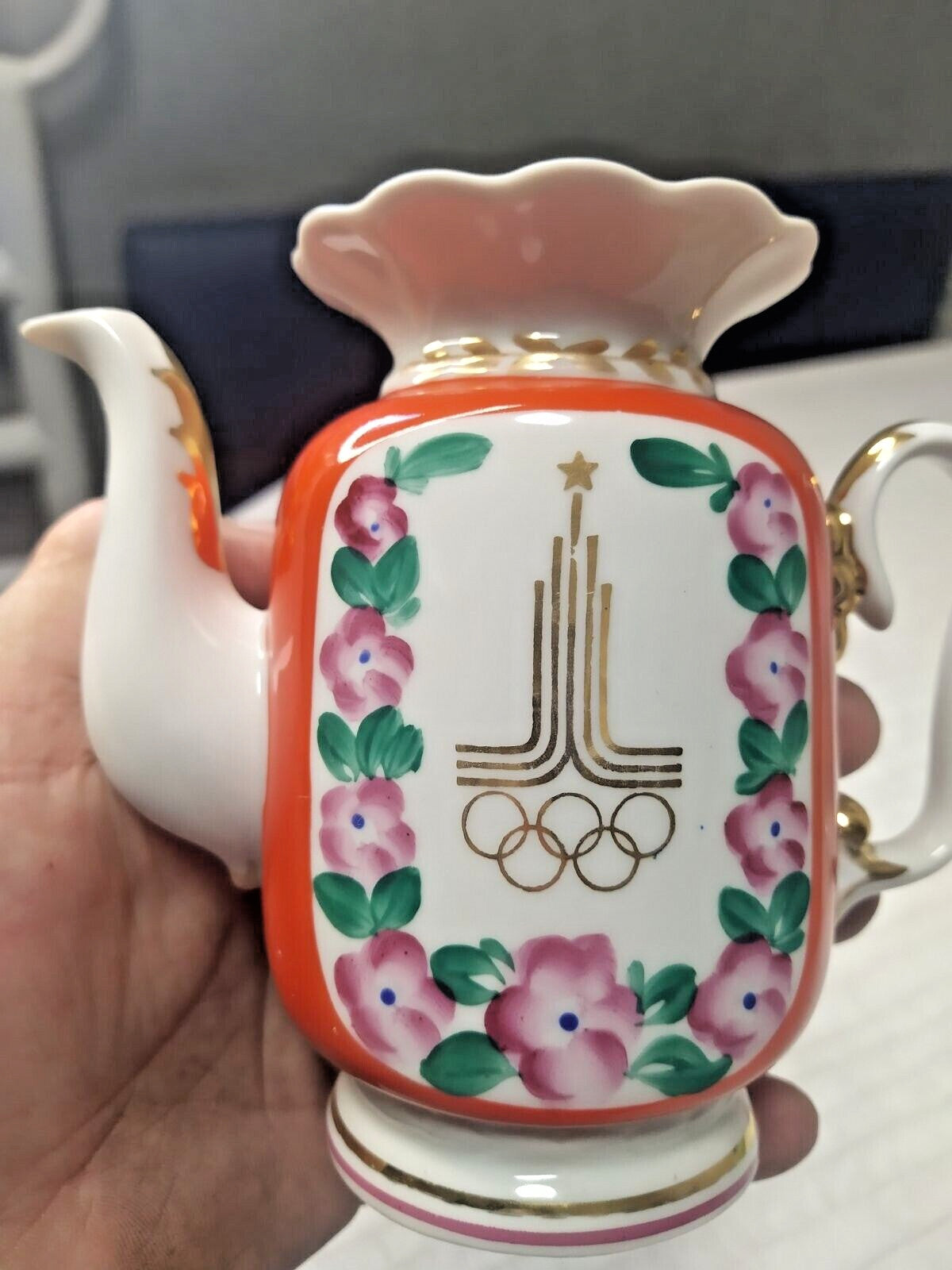 Moscow 1980 Olympic teapot, Soviet porcelain in orange and white with gold gilt and floral wreath