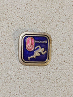 Moscow 80 Olympic Games badge with running track and field athlete, enamel pin
