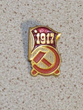 Vintage USSR October Revolution 1917 enamel badge with hammer, sickle and Soviet flag