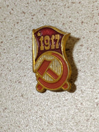 USSR badge with Soviet flag in red enamel, close-up
