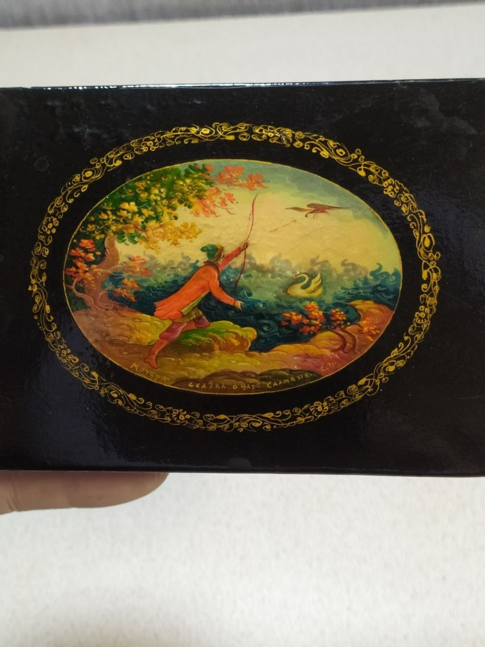 Russian hand-painted wooden box with Tale of Tsar Saltan scene