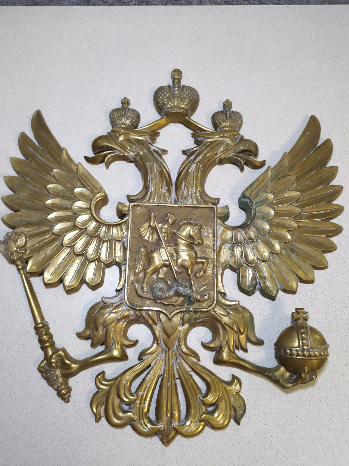 Massive Antique Russian Imperial Brass Double-Headed Eagle Coat of Arms Wall Plaque — 40cm, 7kg