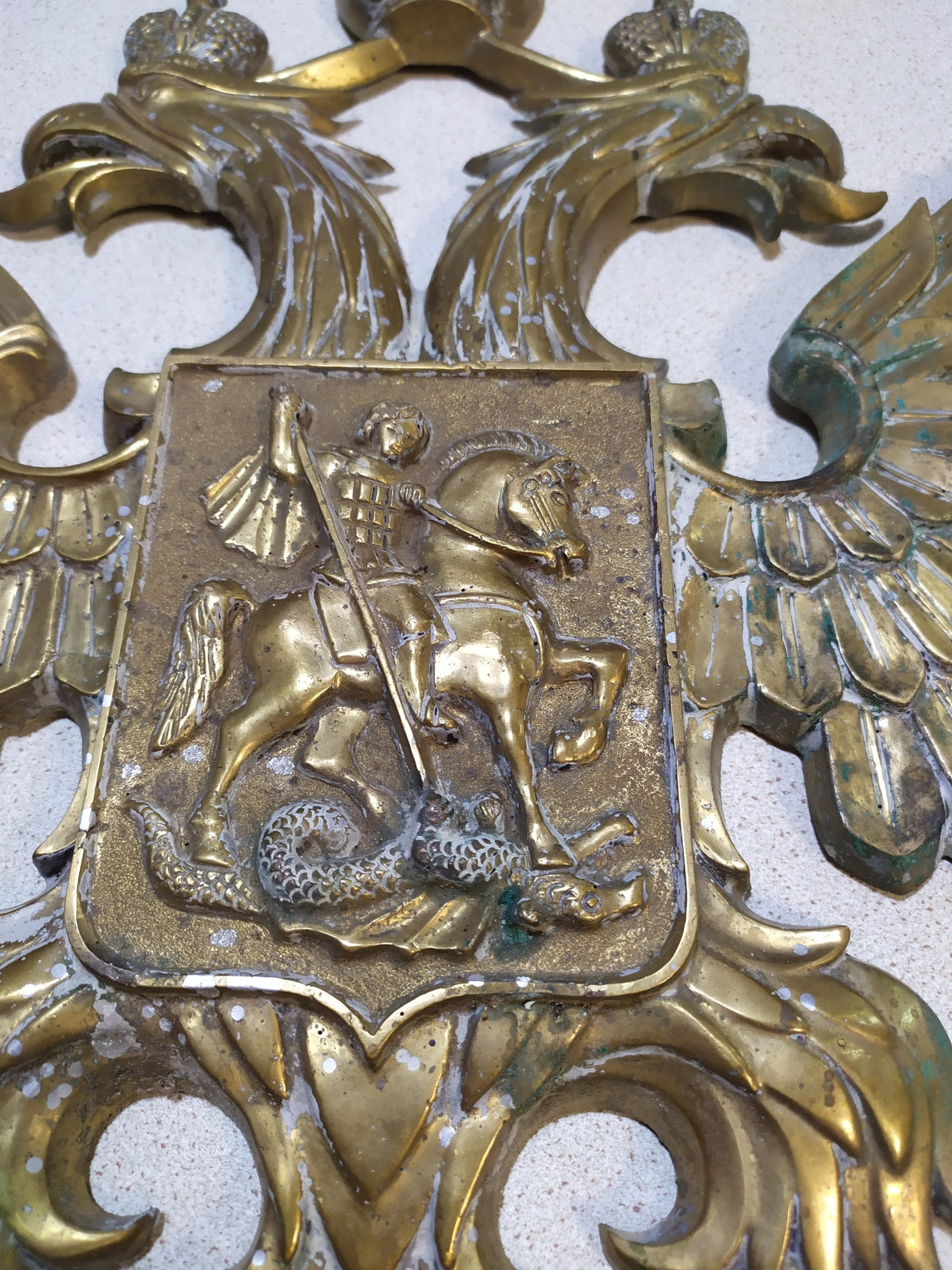 Massive Antique Russian Imperial Brass Double-Headed Eagle Coat of Arms Wall Plaque — 40cm, 7kg