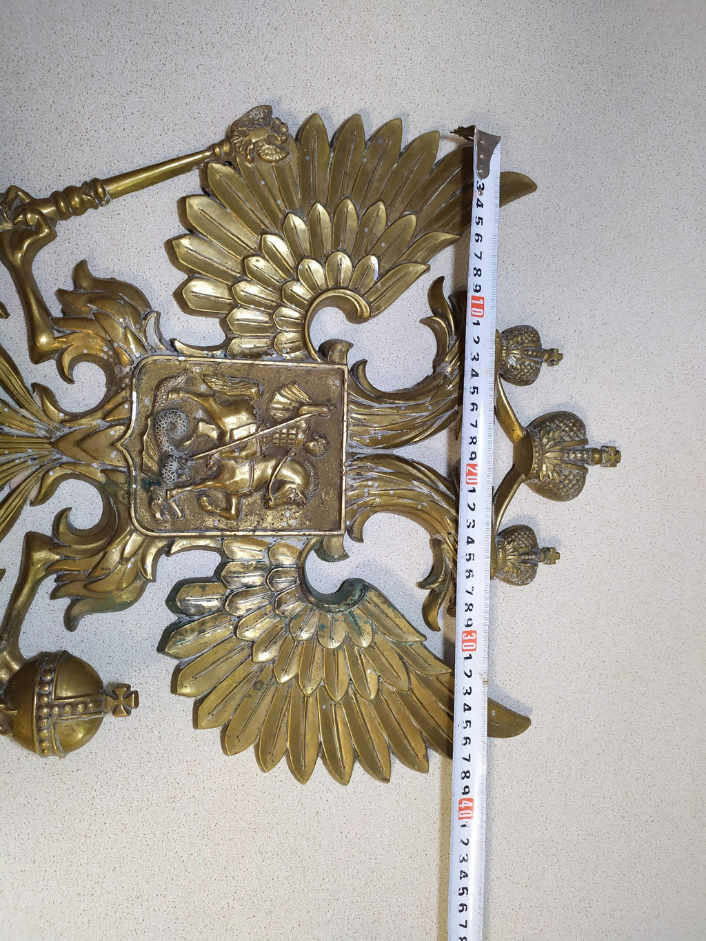 Massive Antique Russian Imperial Brass Double-Headed Eagle Coat of Arms Wall Plaque — 40cm, 7kg