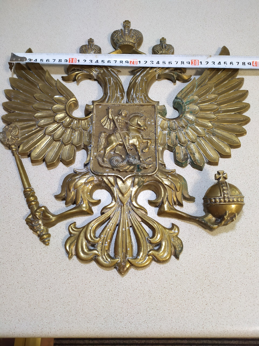 Massive Antique Russian Imperial Brass Double-Headed Eagle Coat of Arms Wall Plaque — 40cm, 7kg
