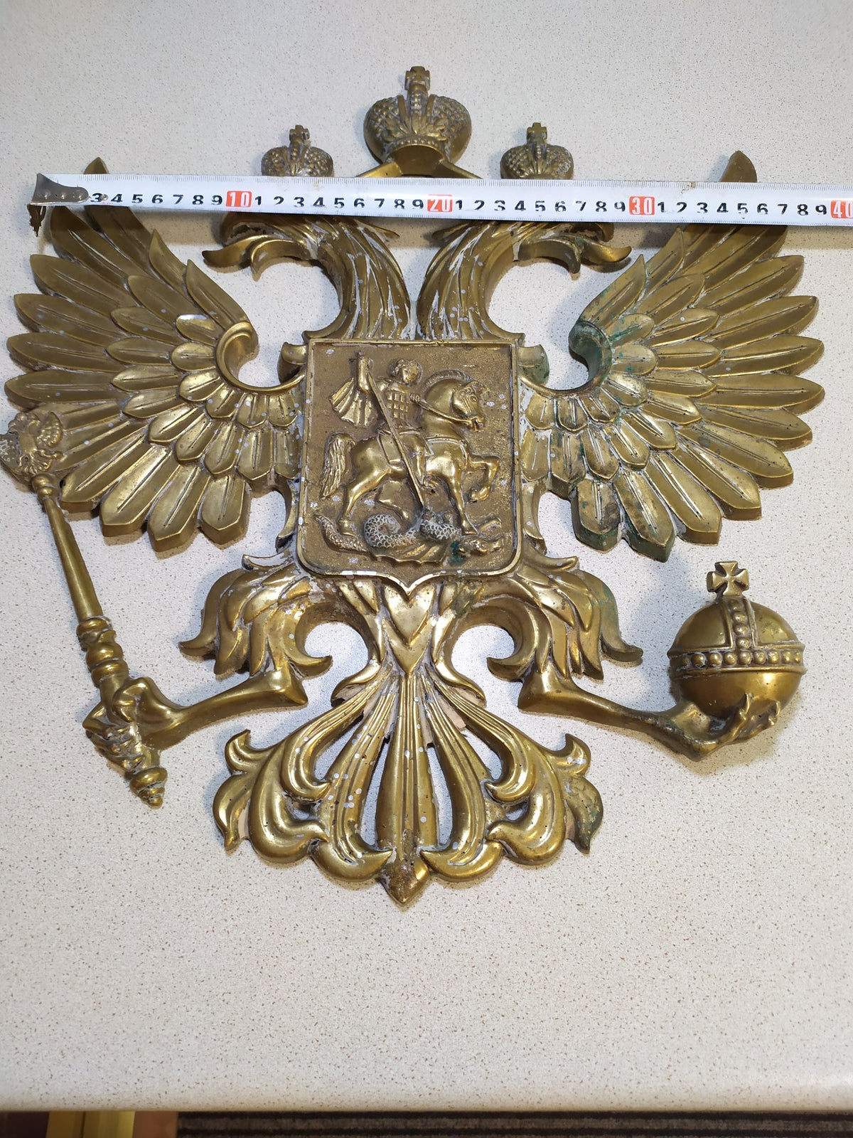 Massive Antique Russian Imperial Brass Double-Headed Eagle Coat of Arms Wall Plaque — 40cm, 7kg