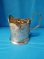 Soviet aluminum podstakannik tea glass holder with hammer and sickle emblem