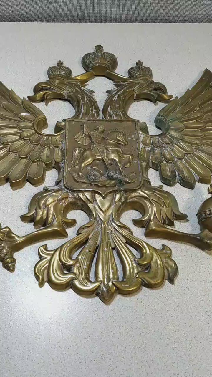 Massive Antique Russian Imperial Brass Double-Headed Eagle Coat of Arms Wall Plaque — 40cm, 7kg