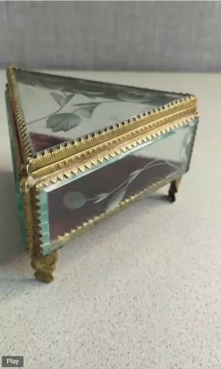 Antique triangular Victorian style glass jewelry box, video