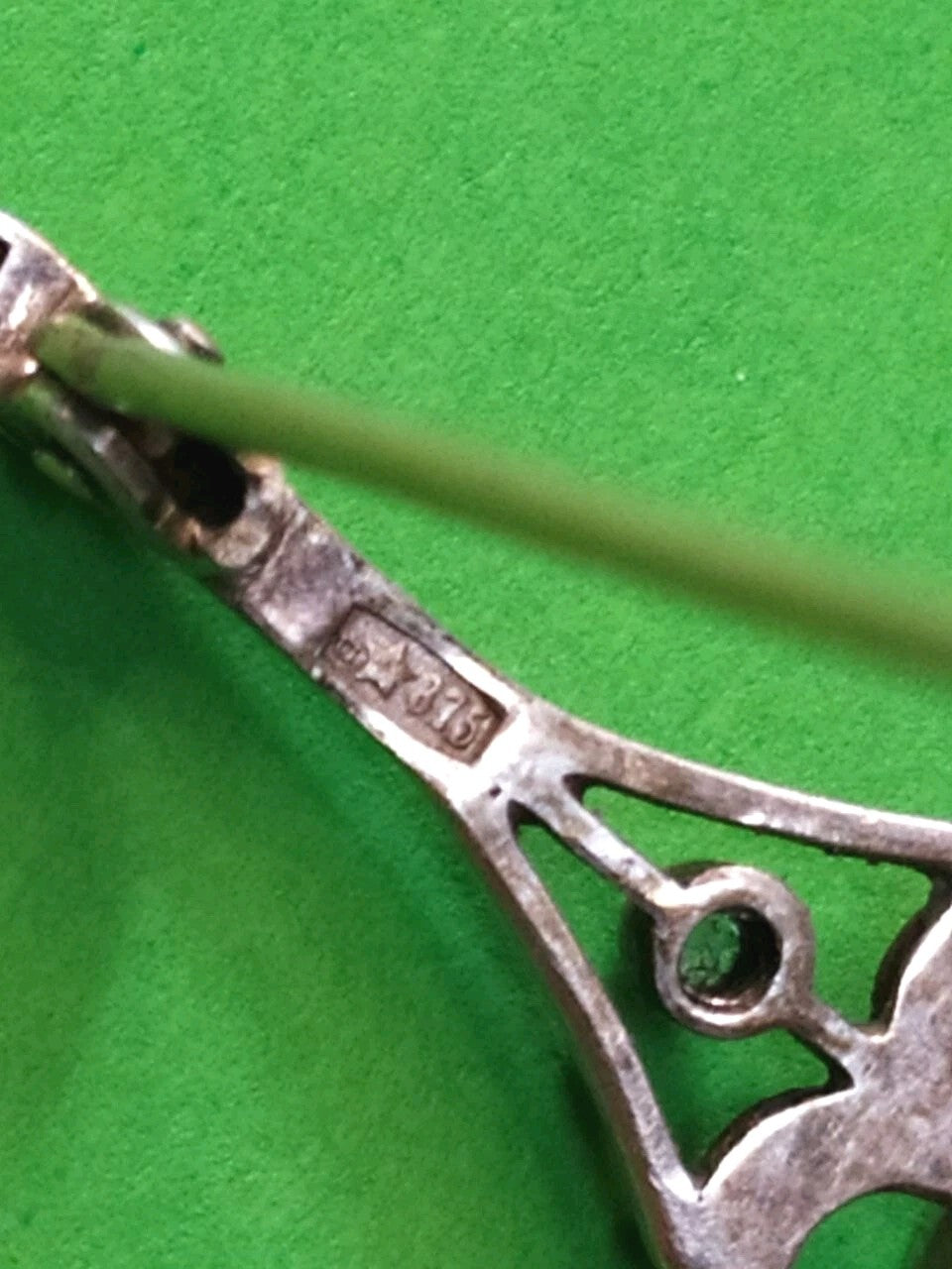 Soviet style silver brooch with red stone, front detail – detail 11
