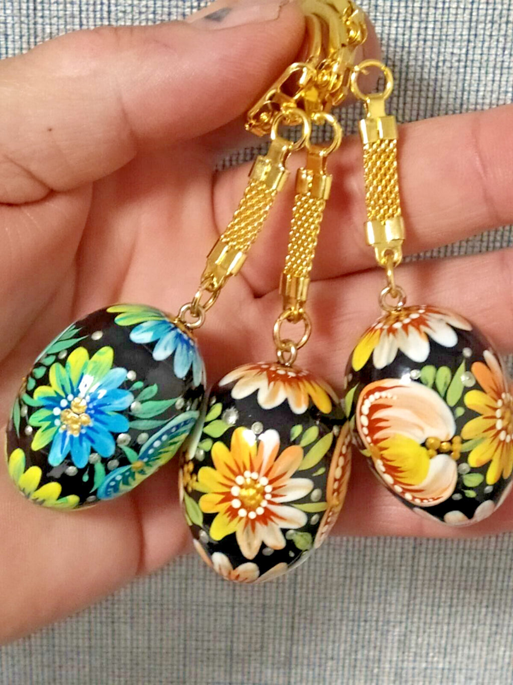 Hand Painted Wooden Egg Pendants Set of 3 – Petrykivka Floral Art – Ukraine