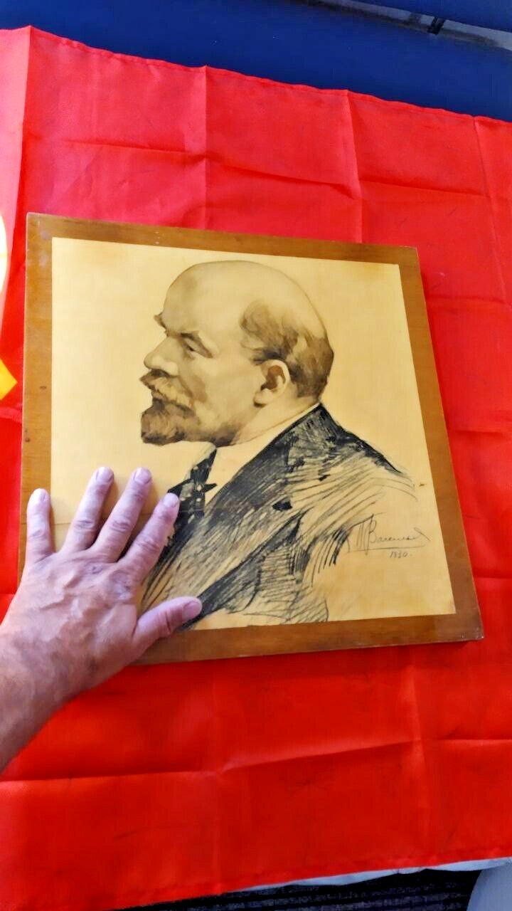 Antique 1930 Lenin Portrait - Original Soviet Propaganda Art - Signed & Dated