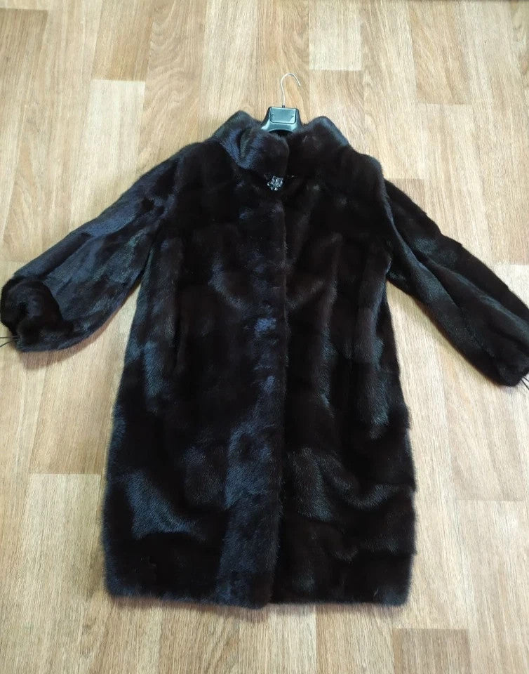 Luxury Brand SHERO Genuine Real Mink Fur Coat Jacket Black Dark Brown Size48 NEW