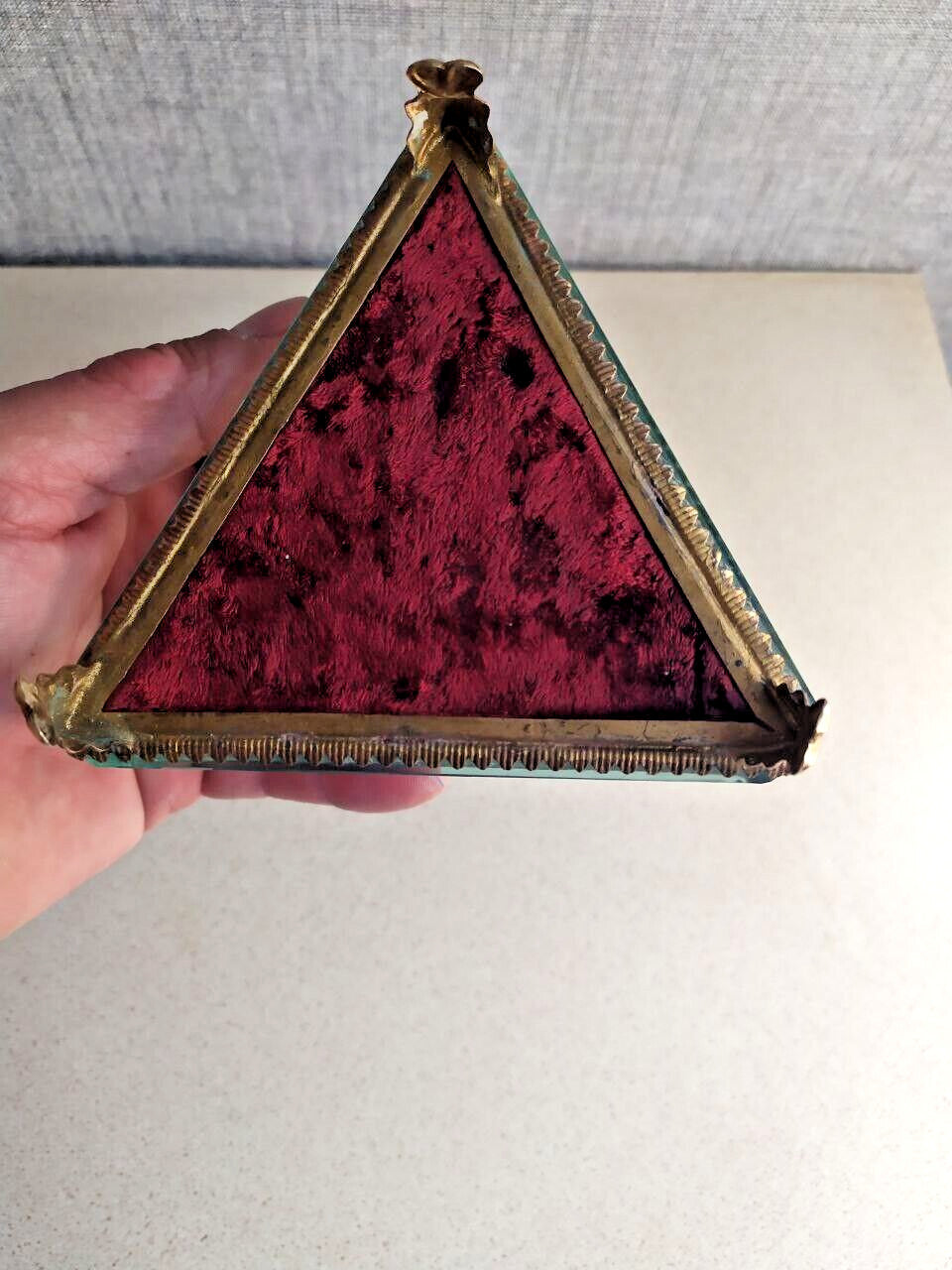 Rare Antique French Victorian Glass Jewelry Box Triangular Beveled Etched Glass