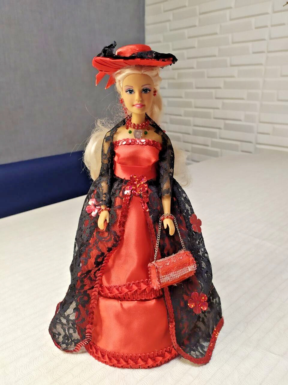 Handmade Victorian Style Doll Jewelry Box - 12" Decorative Figurine Red & Black