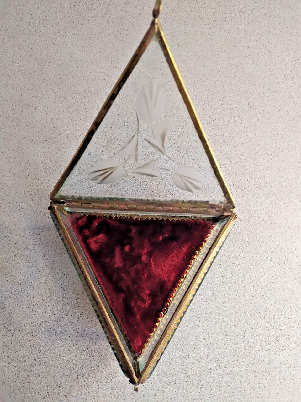 Rare Antique French Victorian Glass Jewelry Box Triangular Beveled Etched Glass