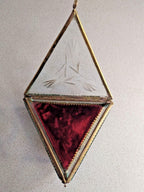 Antique Victorian Triangular Jewelry Box – Beveled Etched Glass, Brass, Velvet, Art Nouveau, 13cm
