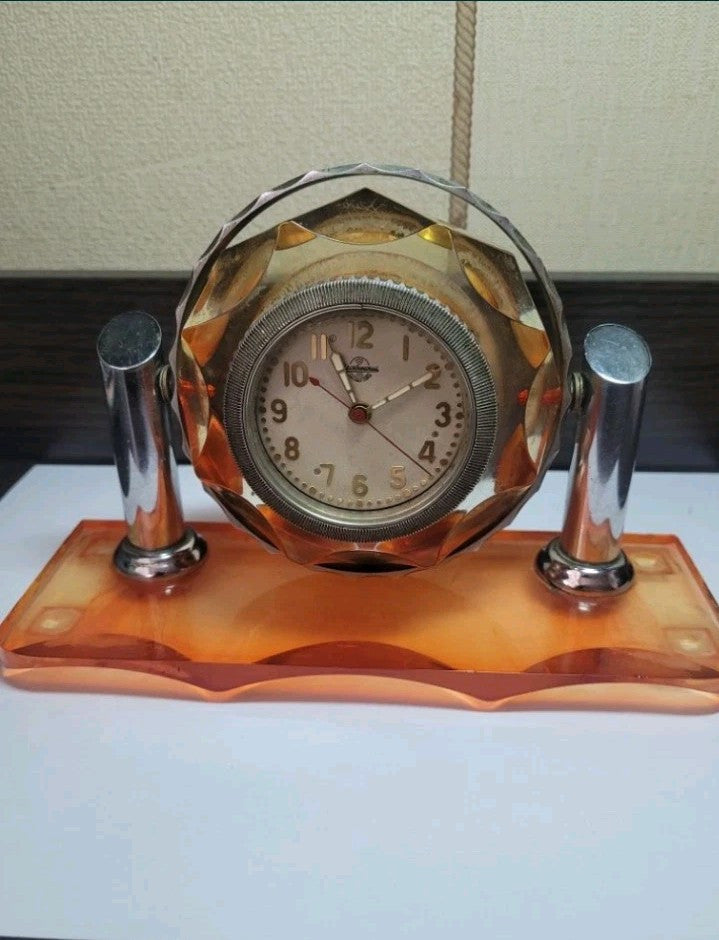 Authentic Soviet TANK CLOCK Mechanism in Vintage Acrylic Stand.USSR