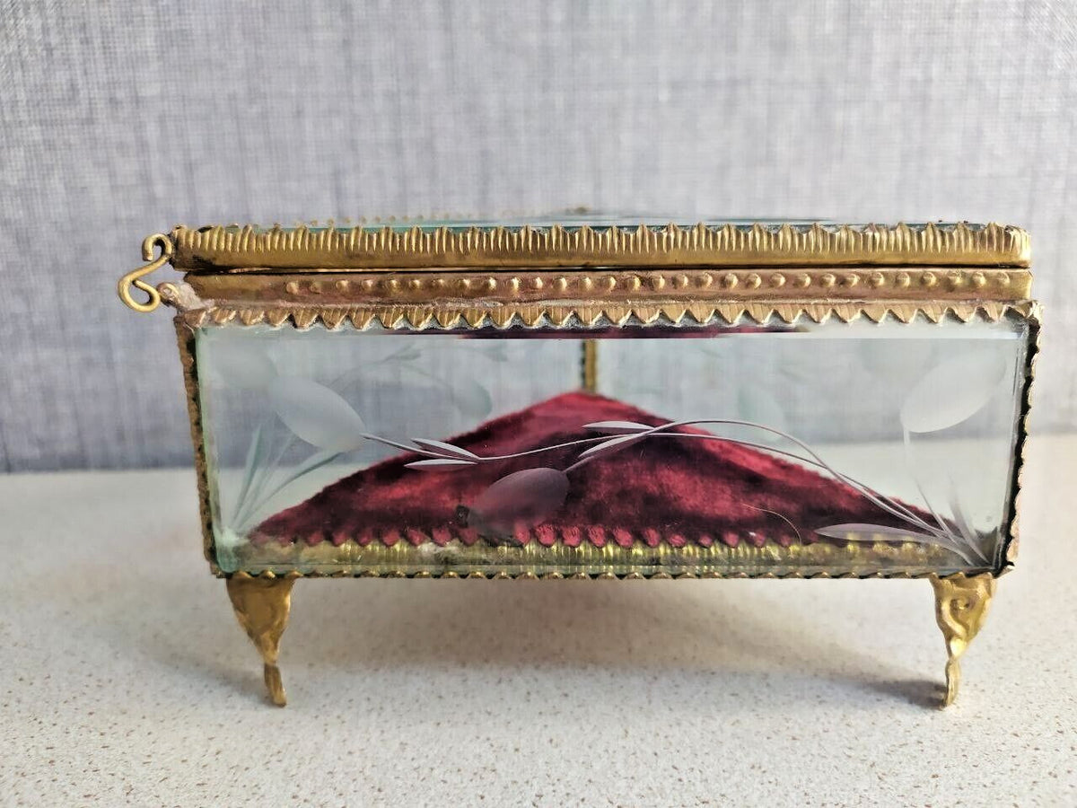 Rare Antique French Victorian Glass Jewelry Box Triangular Beveled Etched Glass