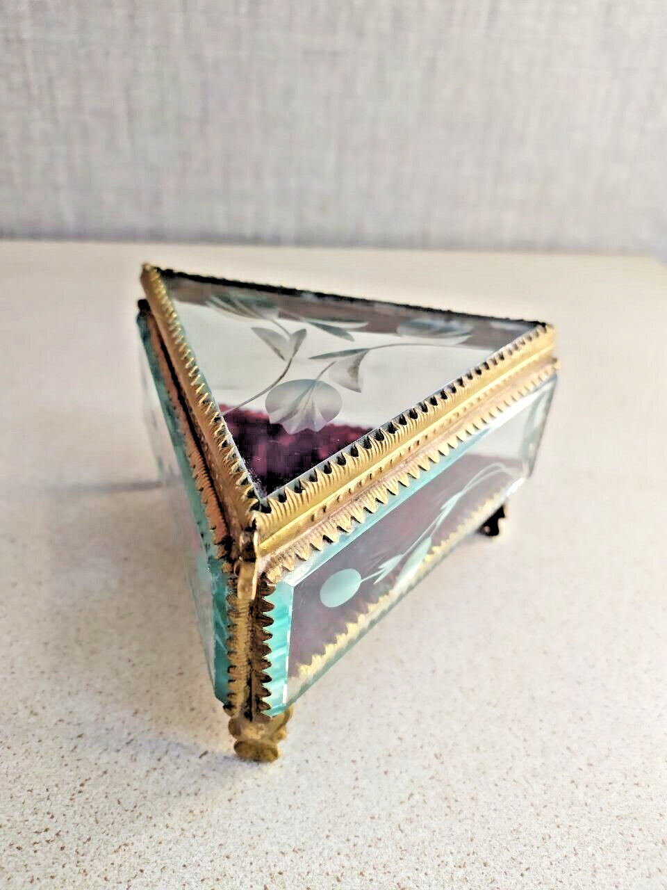 Rare Antique French Victorian Glass Jewelry Box Triangular Beveled Etched Glass