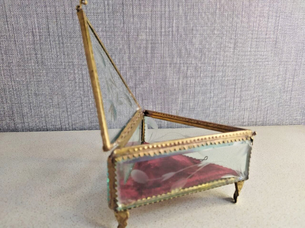 Rare Antique French Victorian Glass Jewelry Box Triangular Beveled Etched Glass