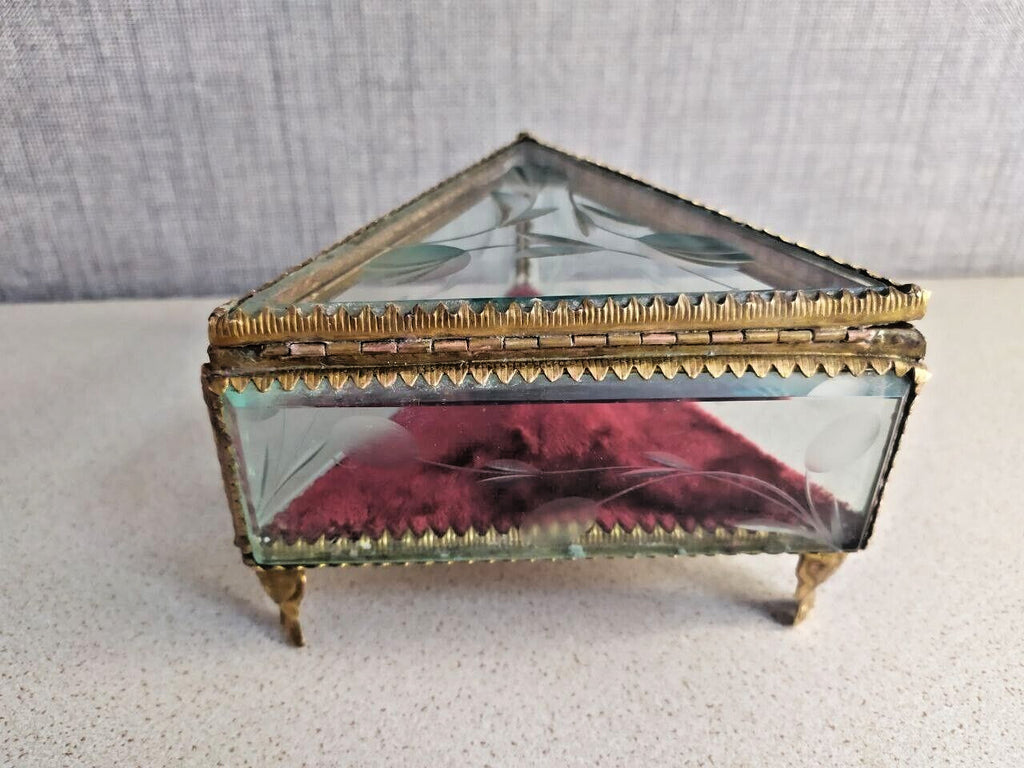 Rare Antique French Victorian Glass Jewelry Box Triangular Beveled Etched Glass