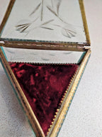 Antique Victorian Triangular Jewelry Box – Beveled Etched Glass, Brass, Velvet, Art Nouveau, 13cm