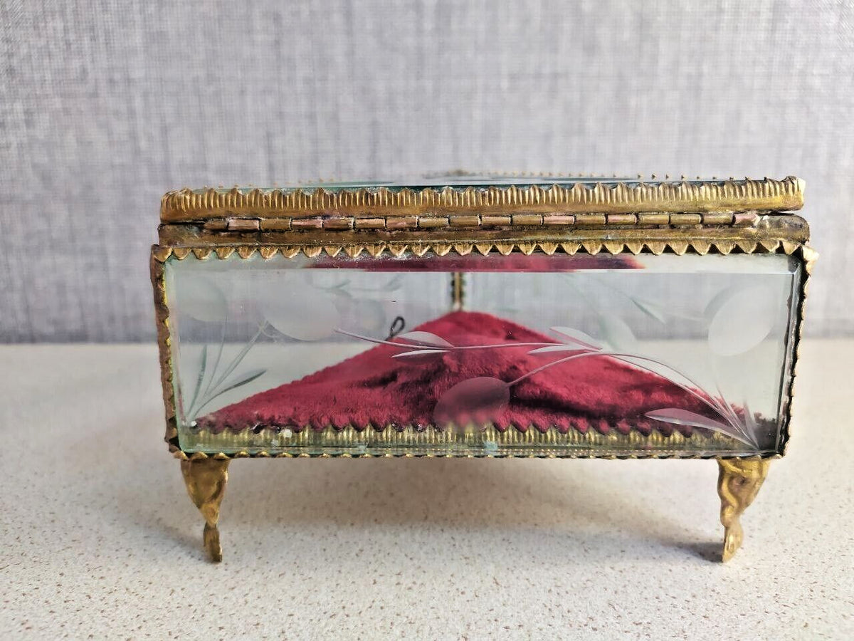 Rare Antique French Victorian Glass Jewelry Box Triangular Beveled Etched Glass