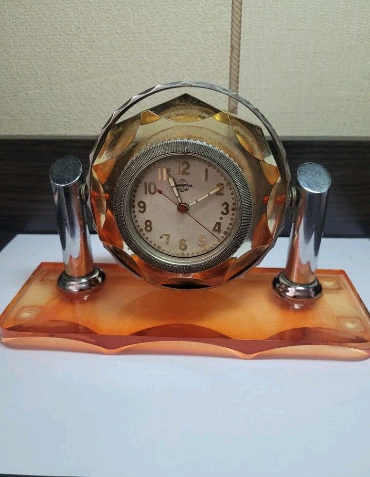 Authentic Soviet TANK CLOCK Mechanism in Vintage Acrylic Stand.USSR