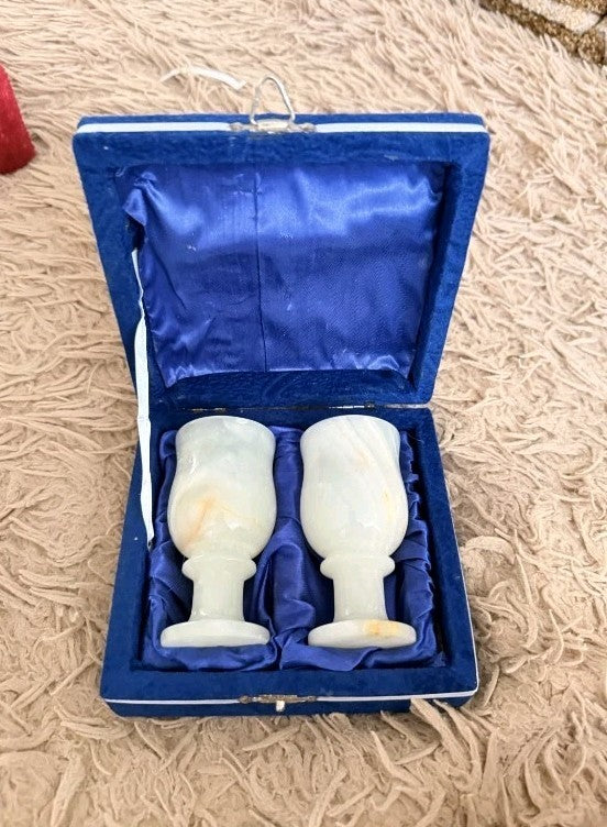 Soviet Vintage Hand Carved Onyx Chalice Wine Set 2 Pcs Original Box USSR 1970s